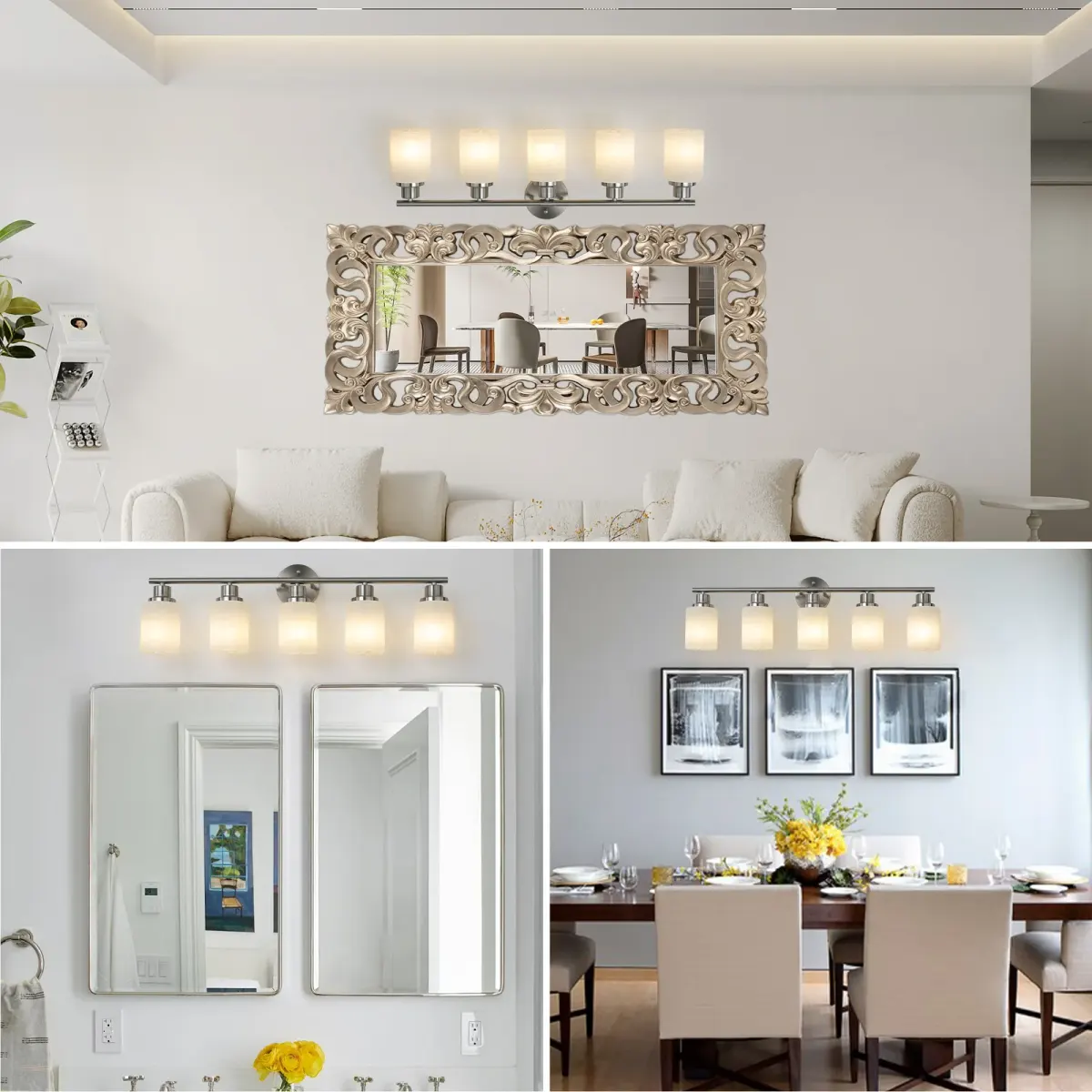 Frosted glass vanity sconce, 5 lights, chrome, view 5