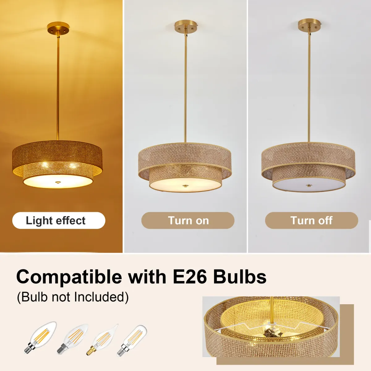 Rattan drum chandelier, 17.7 in, gold, manufacturer image 2