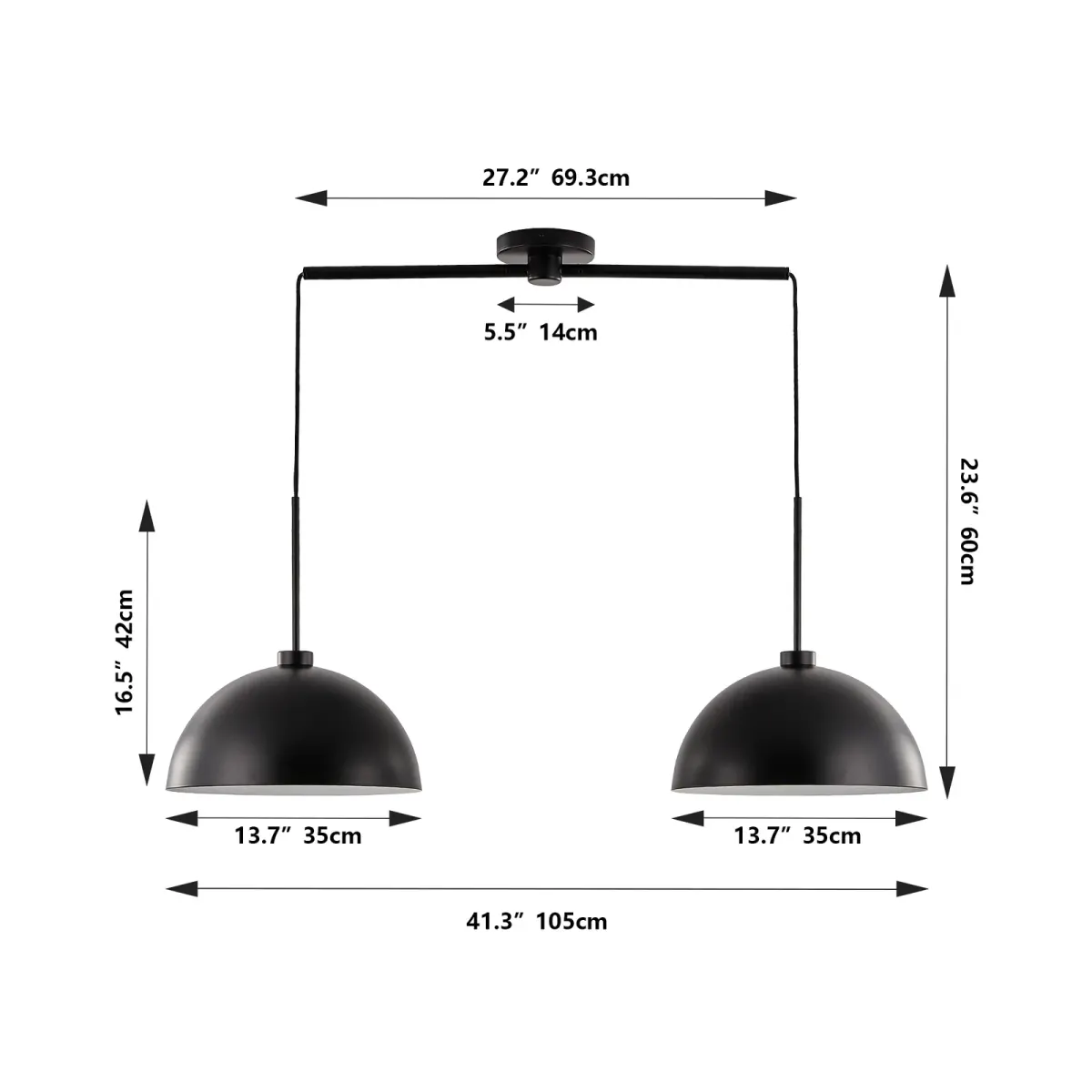 Double pendant, 41.3 in, matte black, dimension drawing 2