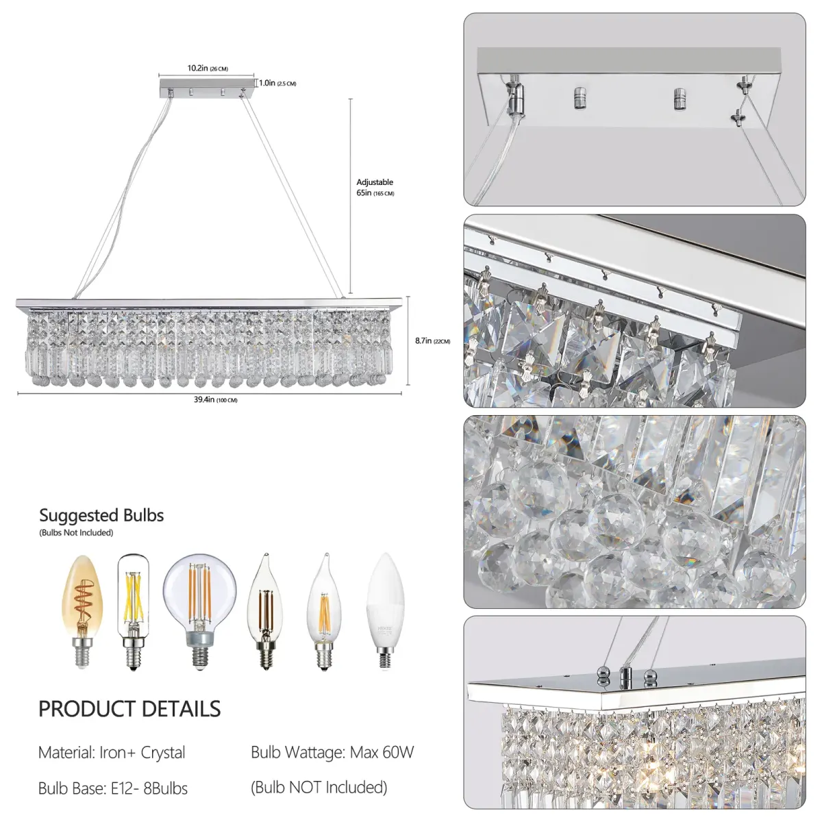 Raindrop crystal chandelier, 8 lights, chrome, manufacturer image 3