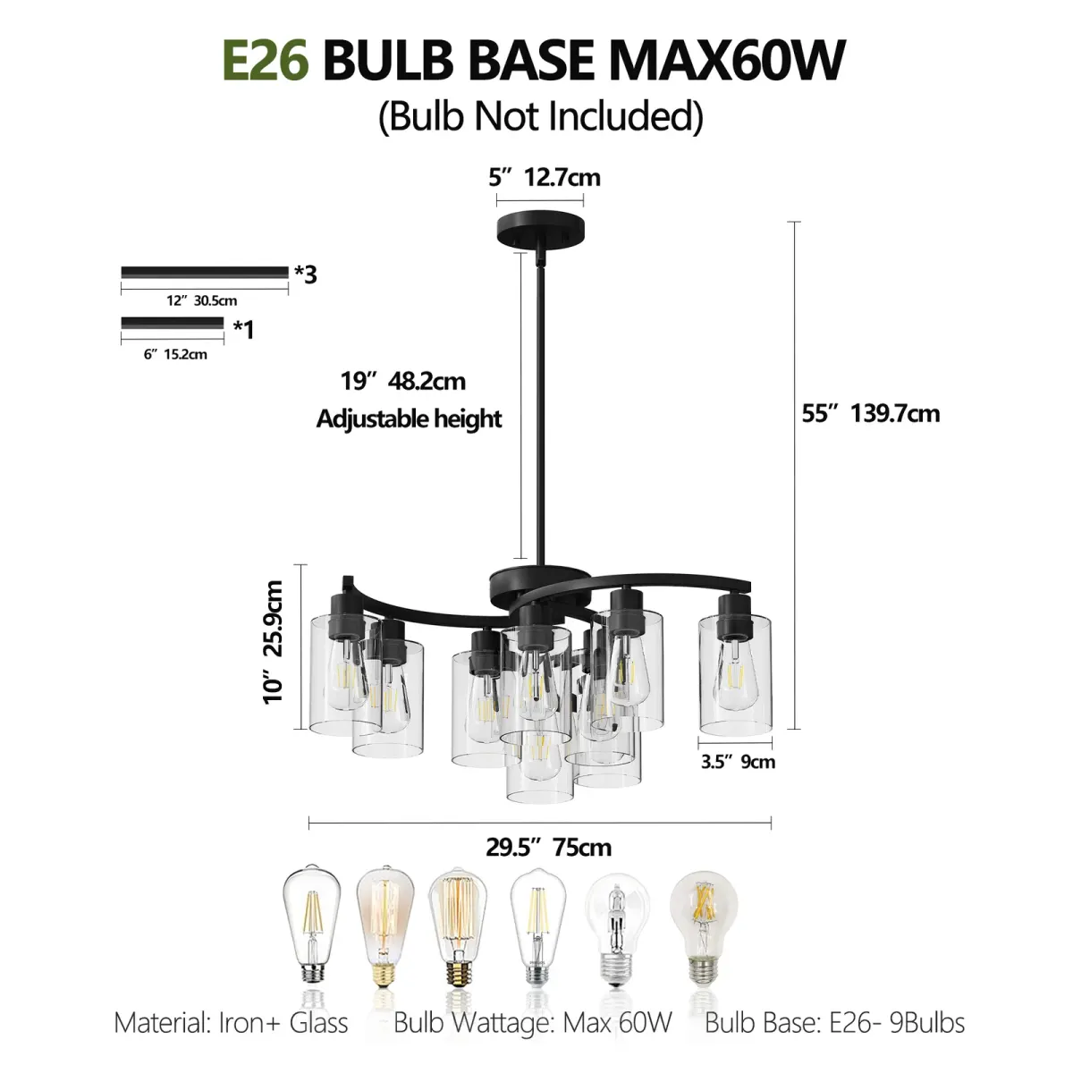 9-light clear glass chandelier, black, dimension drawing 1