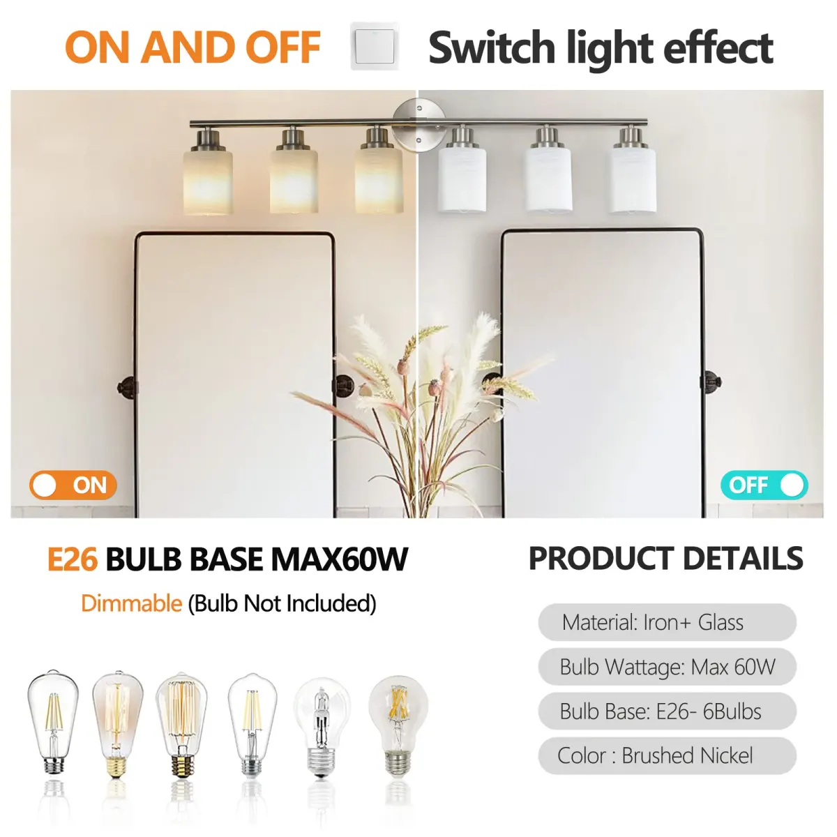Frosted glass vanity sconce, 6 lights, chrome, manufacturer image 2