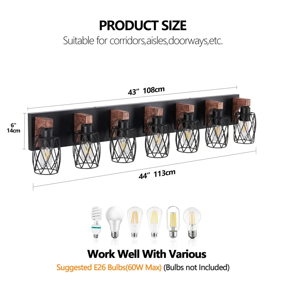 Cage wall sconce, 7 lights, walnut, dimension drawing 2
