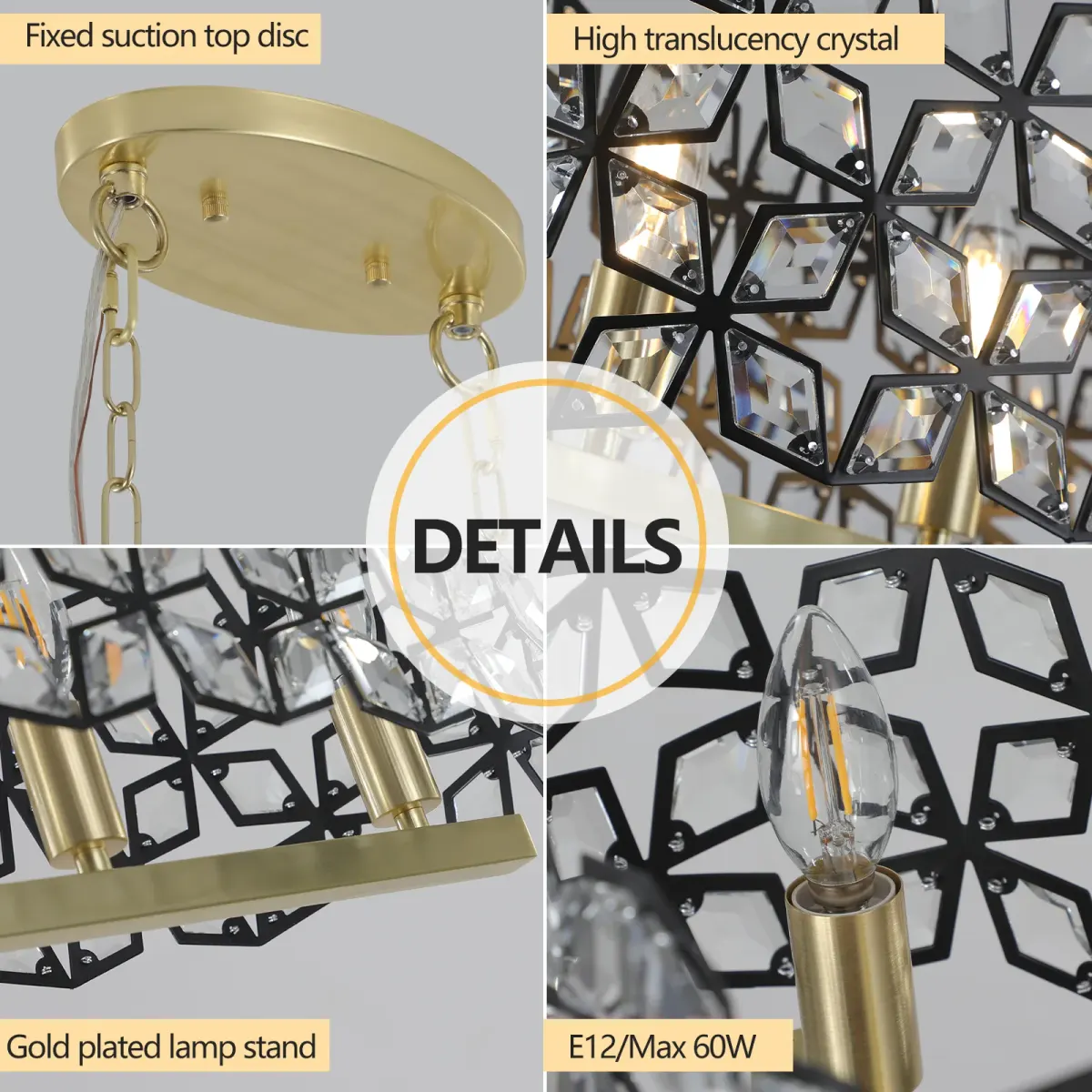 Crystal geometric chandelier, 39.4 in, black,gold,transparent, manufacturer image 3