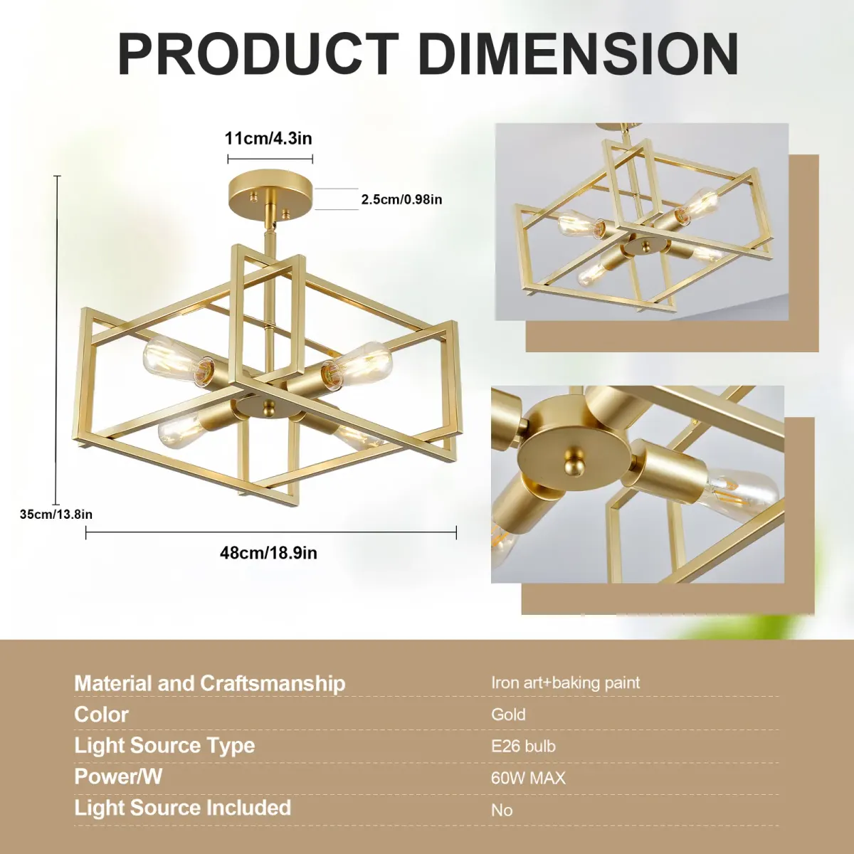 Flush mount chandelier, 4 lights, gold, dimension drawing 1
