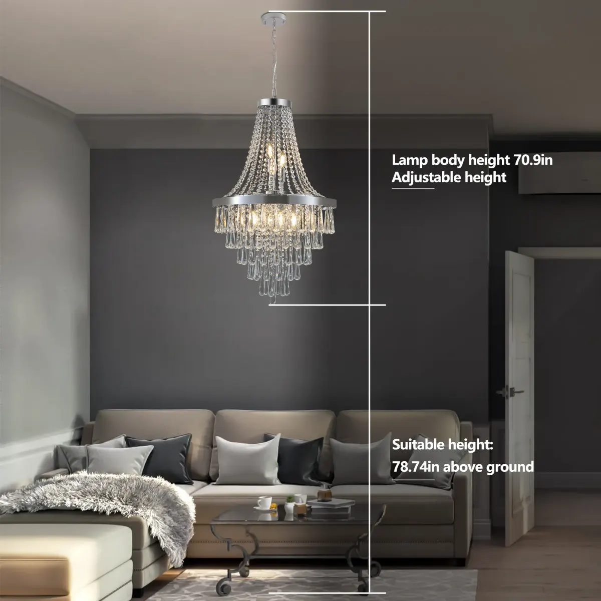 Crystal tiered chandelier, 11 lights, 11 lights, chrome, manufacturer image 1