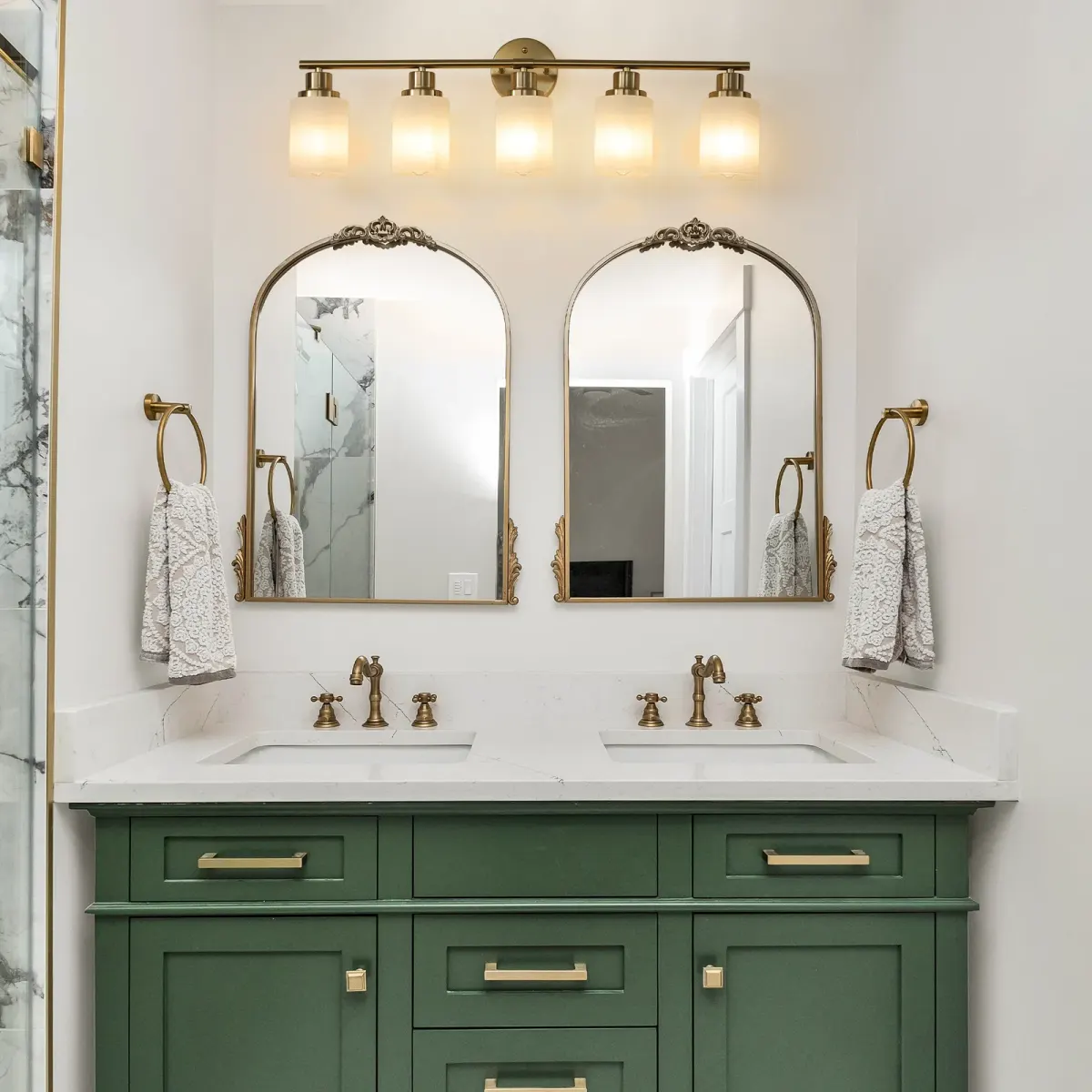 Frosted glass vanity sconce, 5 lights, copper tone, view 2