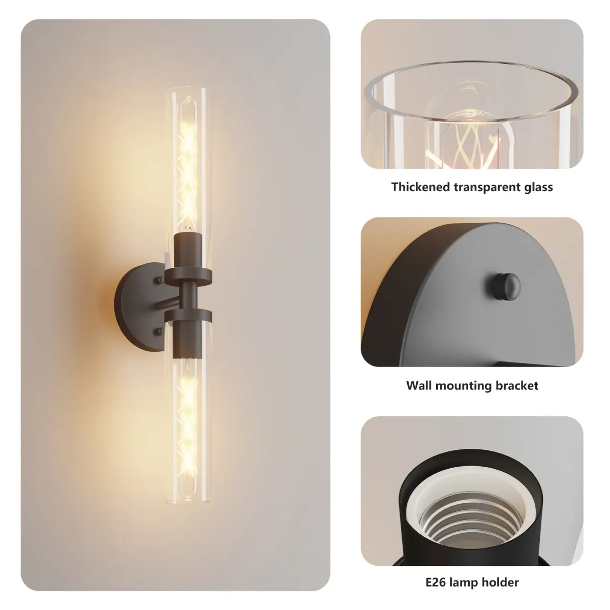 Clear glass wall sconce, 21.7 in, black, manufacturer image 1