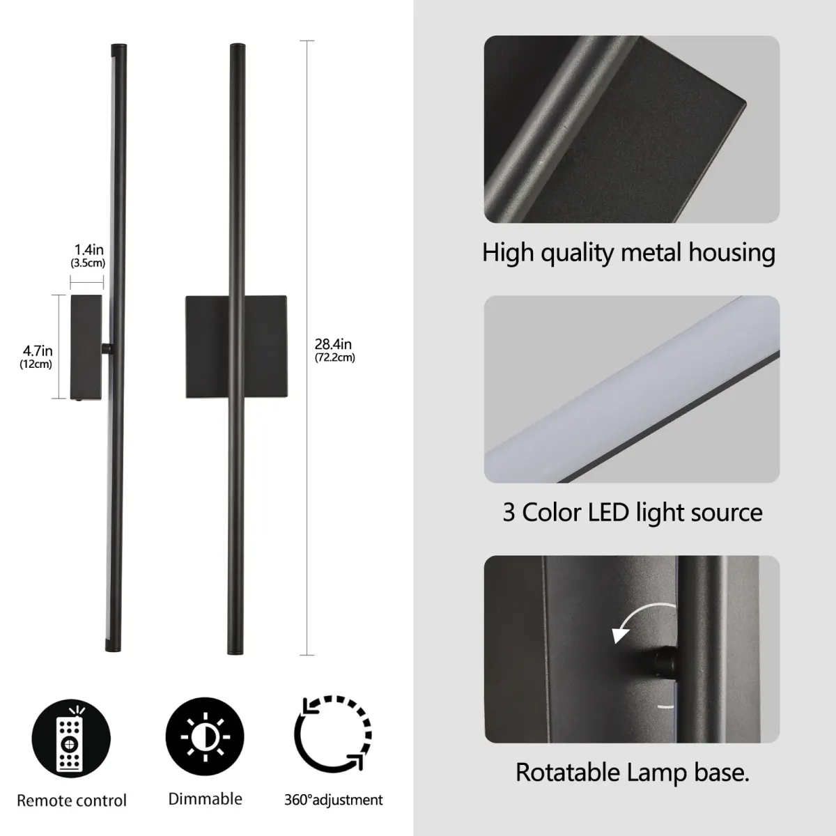 Wall sconce, 28.4 in, black, manufacturer image 3
