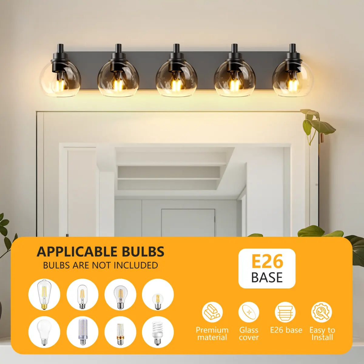 Clear glass vanity bar, 3–6 lights, 19.3–40.6 in, 5 lights, black, manufacturer image 1