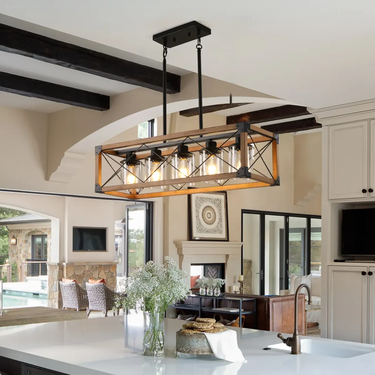 Rectangle pendant chandelier, 5 lights, walnut, view 3