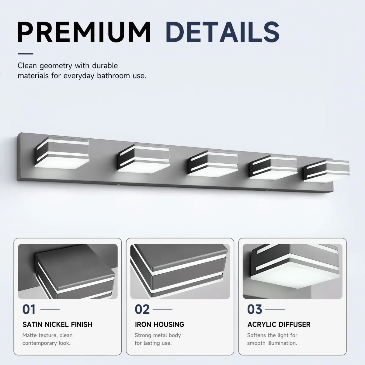 Acrylic vanity bar, 3–6 lights, 23.6–47.2 in, 5 lights, brushed nickel, manufacturer image 3