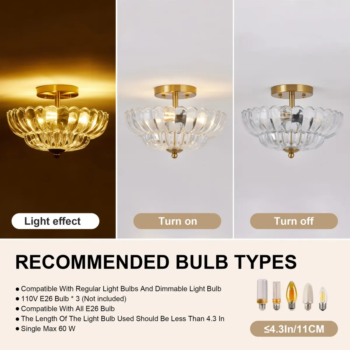 Glass semi-flush mount, 3 lights, gold+clear, manufacturer image 2