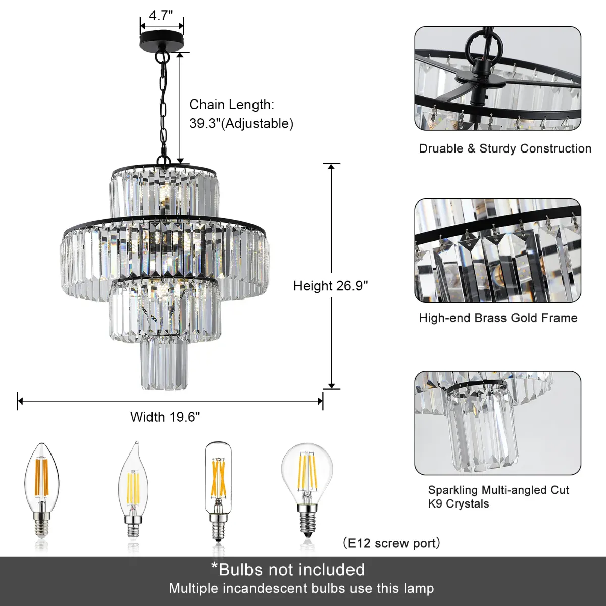 Crystal chandelier, 19.7 in, black, dimension drawing 1