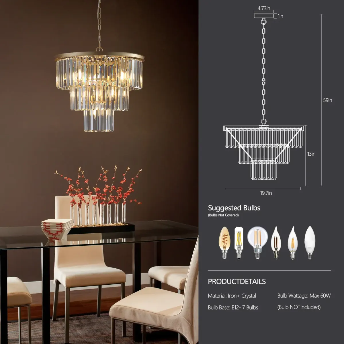 7-light crystal chandelier, gold, manufacturer image 2