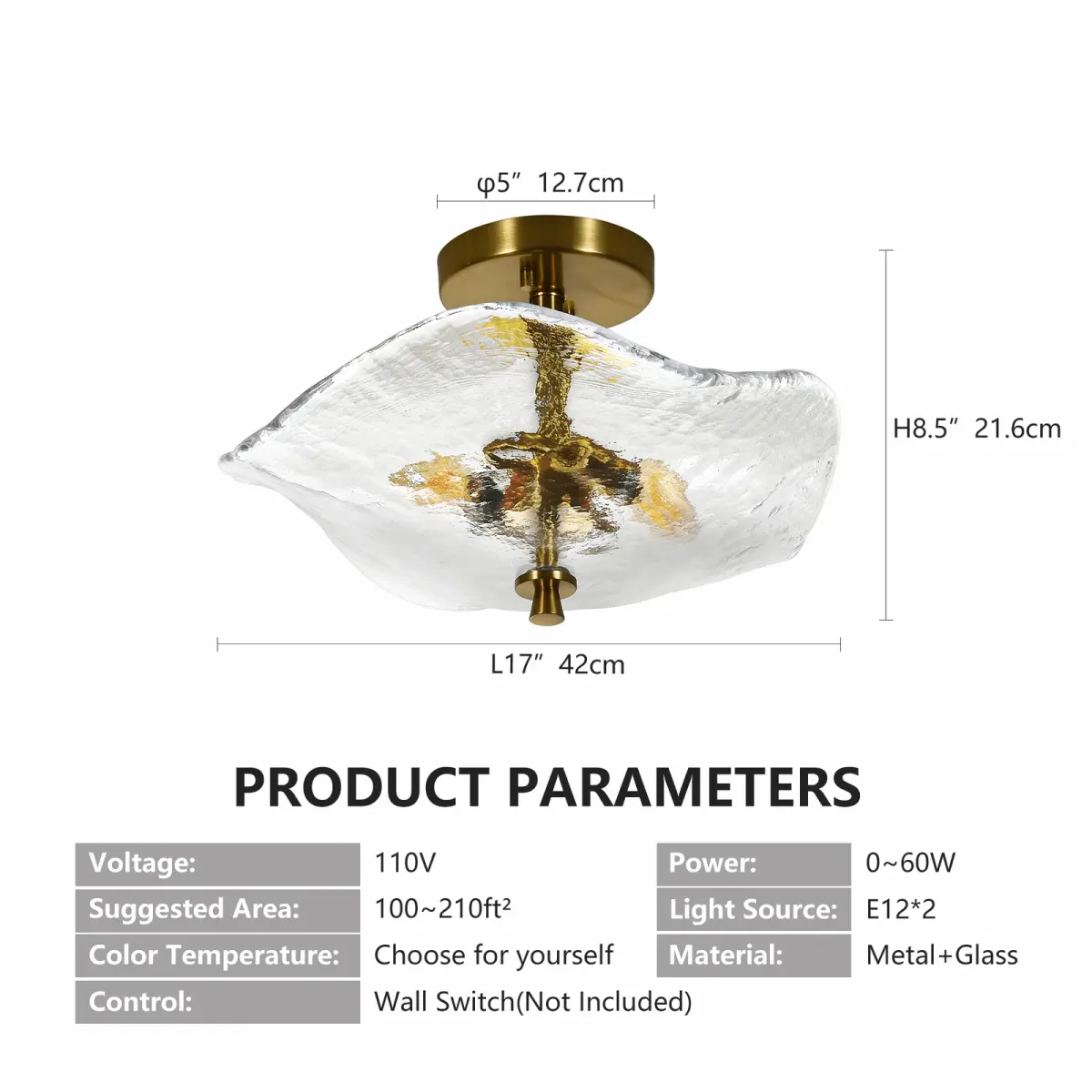 2-light semi-flush mount, gold, dimension drawing 1