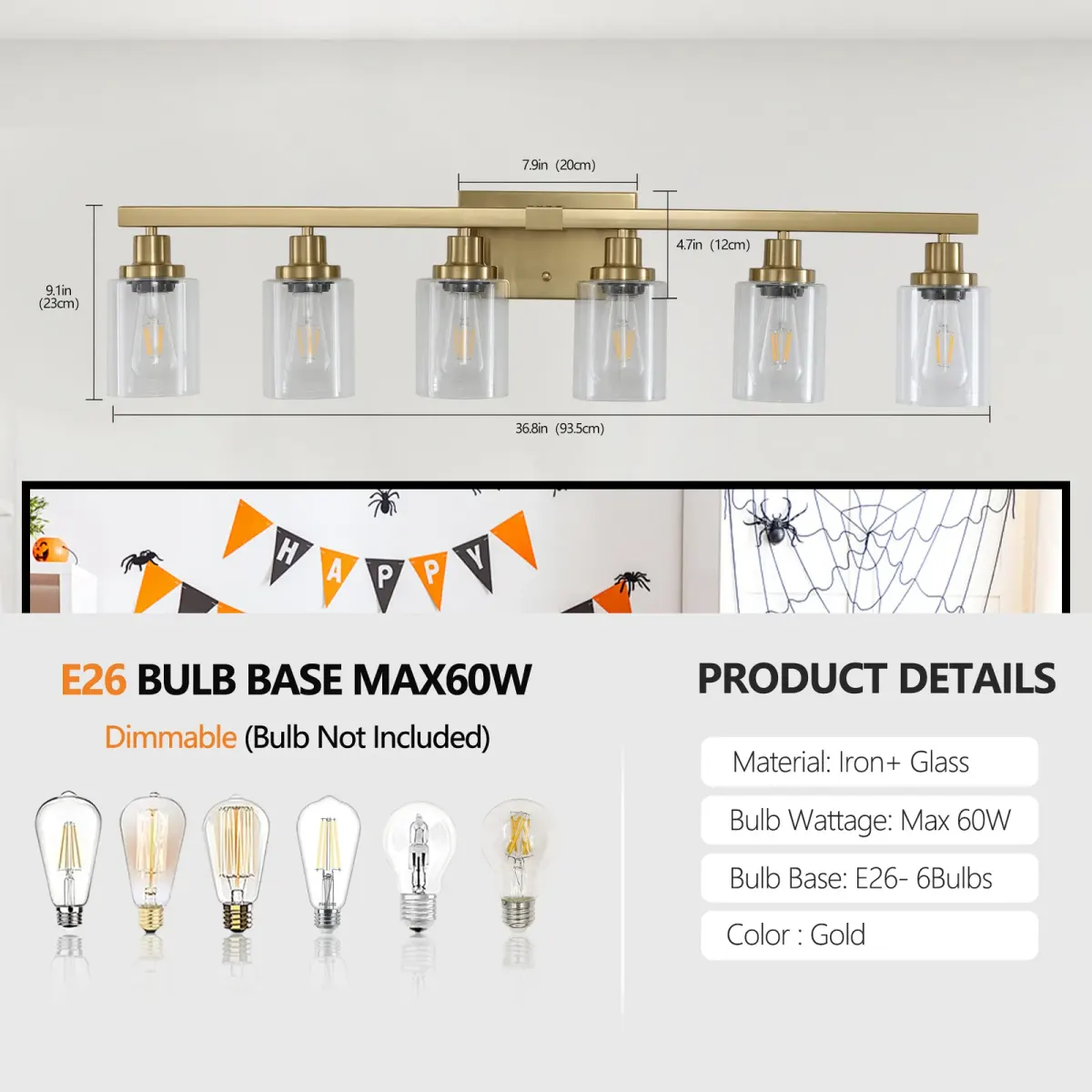 Clear glass vanity bar, 6 lights, gold, manufacturer image 2
