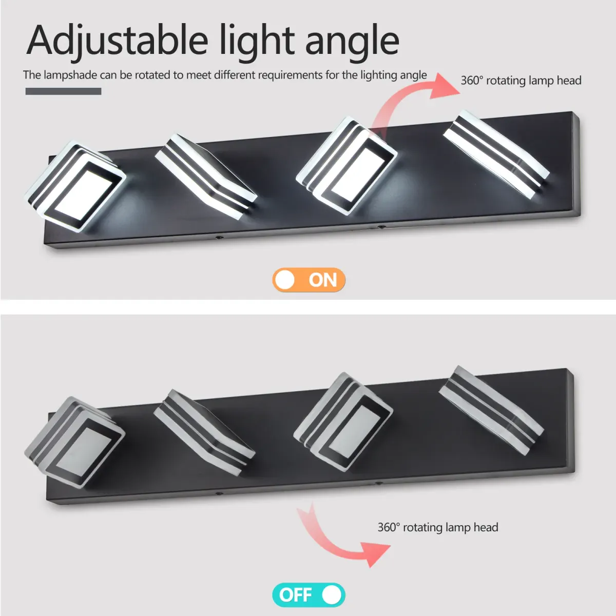 Square acrylic vanity bar, 4 lights, black, manufacturer image 3