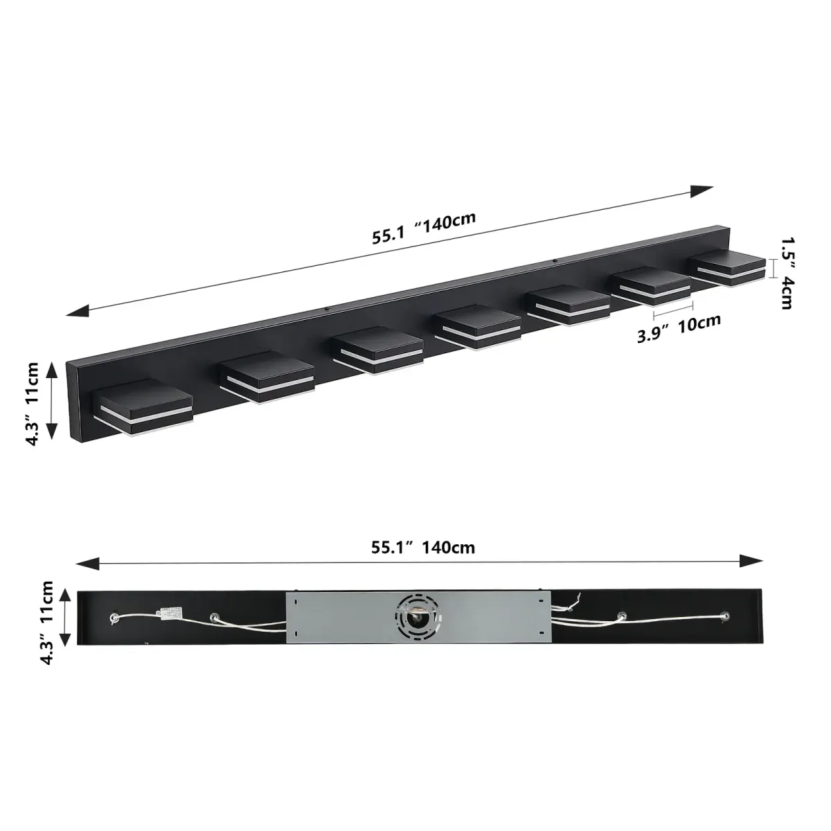 Minimalist LED vanity bar, 7 lights, black, dimension drawing 1
