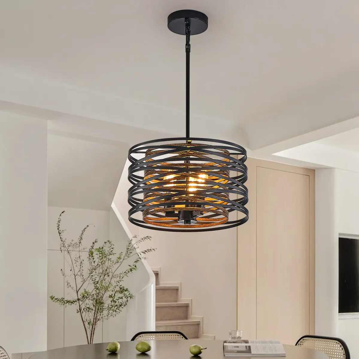 3-light wood cage chandelier, walnut, view 4