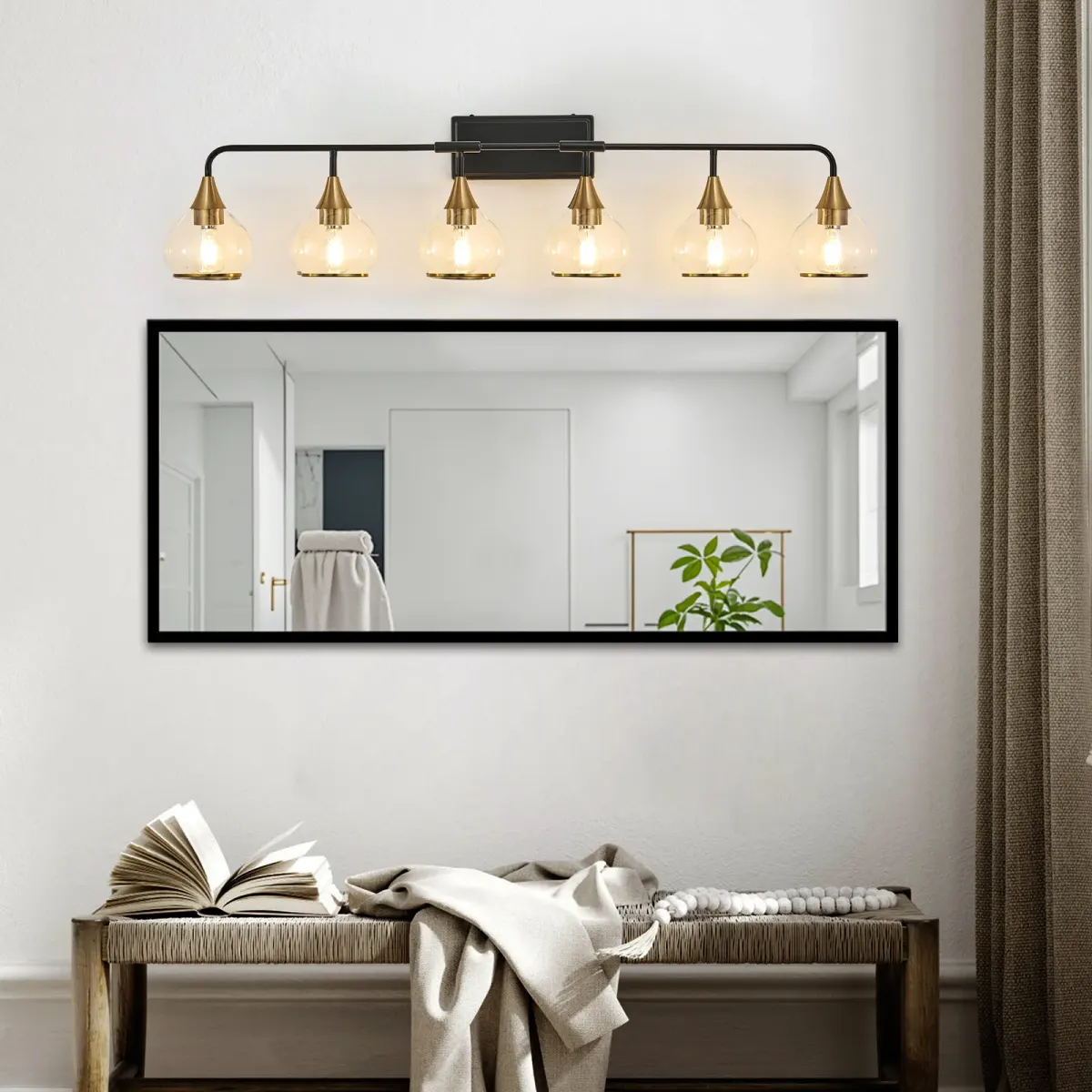 Clear glass vanity bar, 3–6 lights, 22.6–48.1 in, 6 lights, black and gold