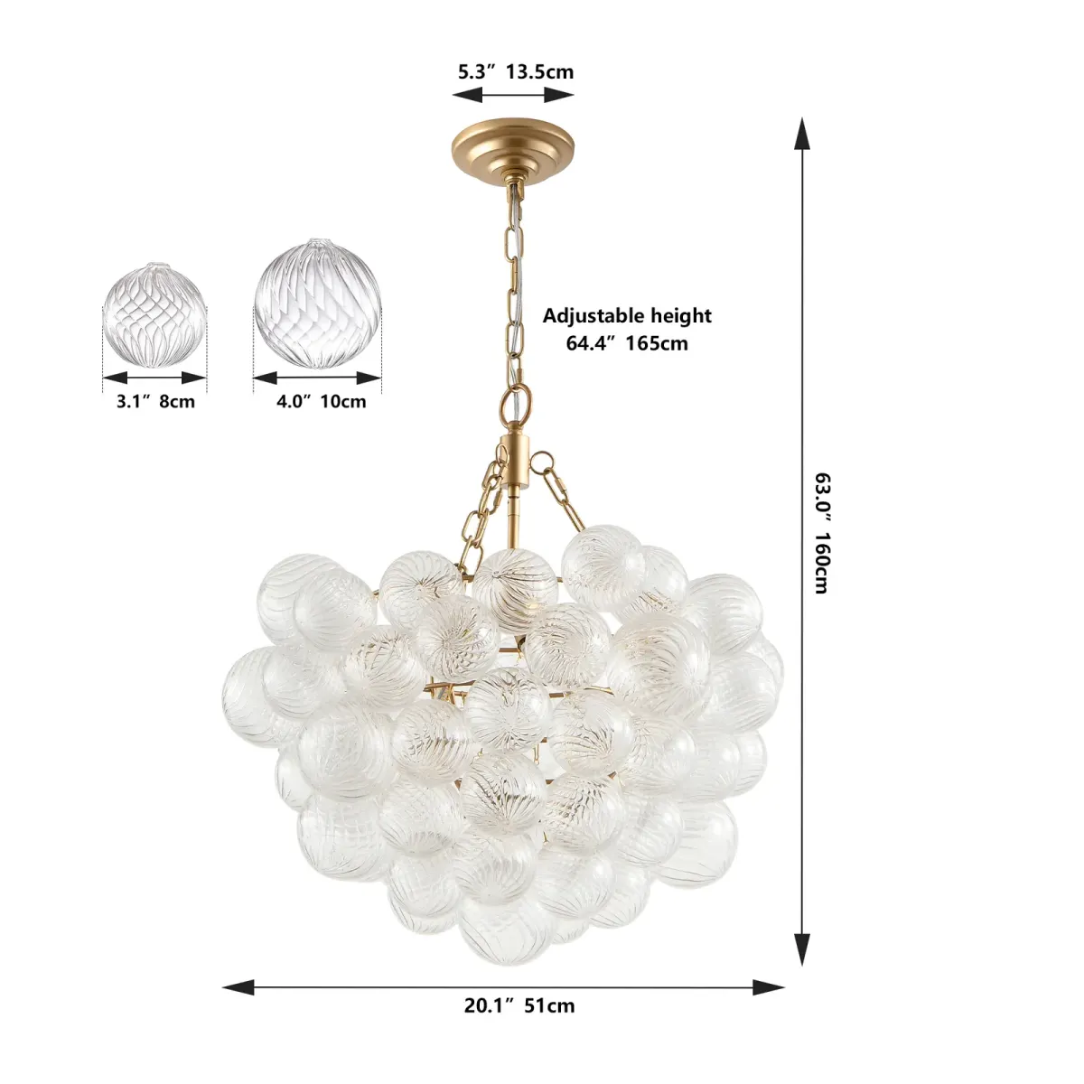 Clear glass glass globe chandelier, 20.1 in, gold, dimension drawing 1
