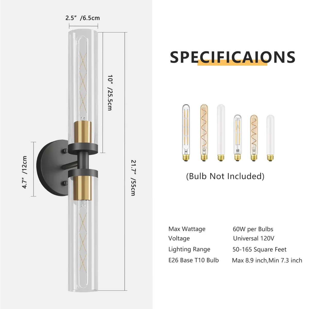 Clear glass wall sconce, 21.7 in, black and gold, dimension drawing 1
