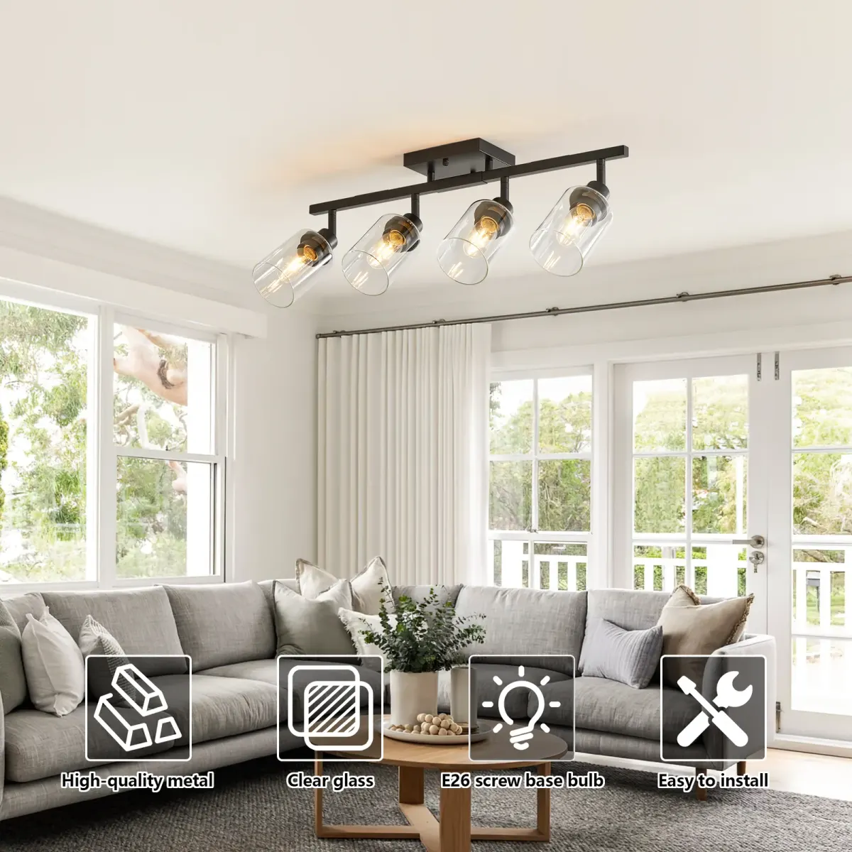Clear glass semi-flush mount, 4 lights, black, view 2
