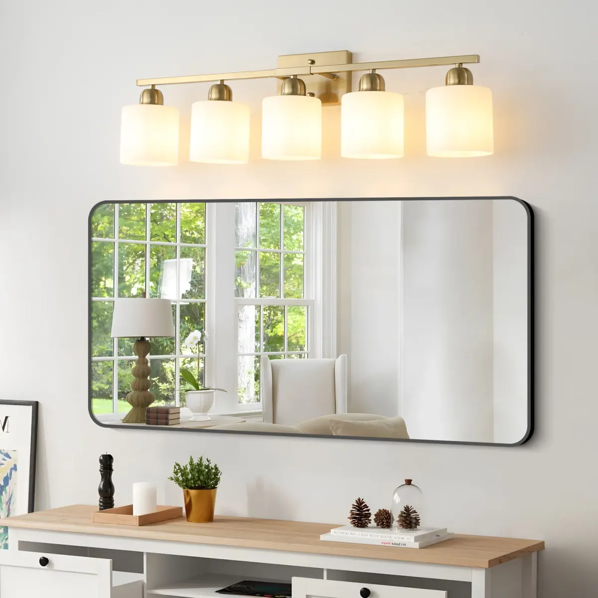 Frosted glass vanity bar, 5 lights, copper tone, view 3