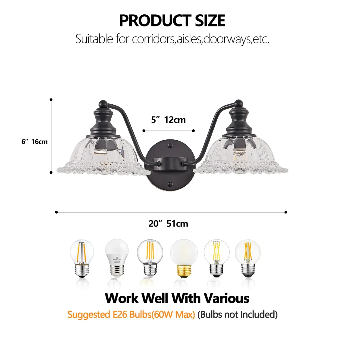 2-light vanity light, black, dimension drawing 2