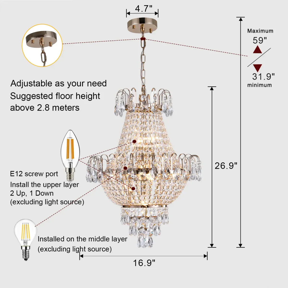 Crystal chandelier, 16.9 in, gold, dimension drawing 1