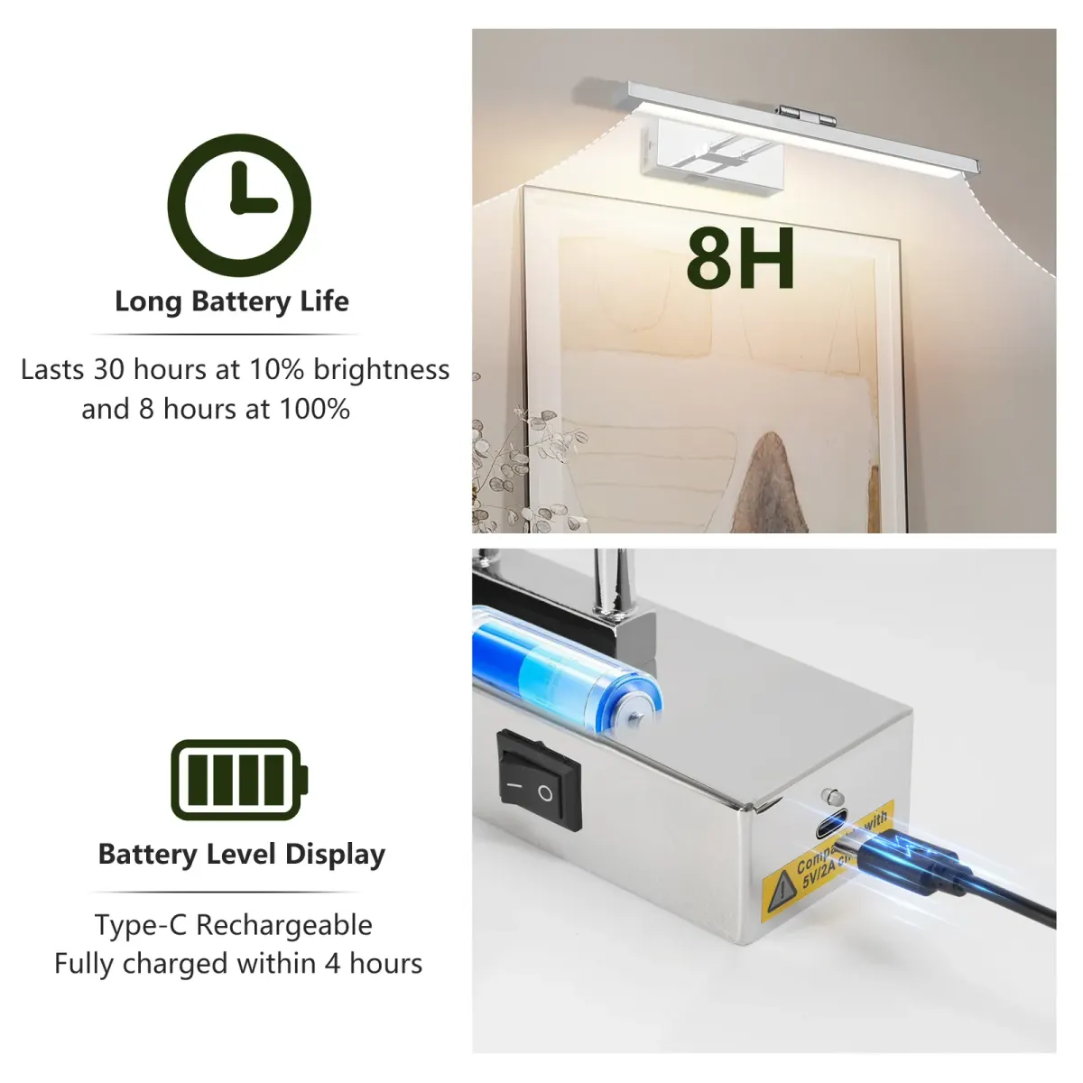 Rechargeable picture light, 15.7 in, chrome, manufacturer image 2