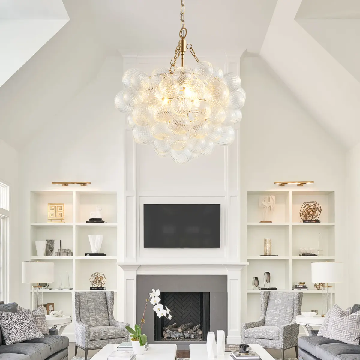 Clear glass glass globe chandelier, 20.1 in, gold, view 5