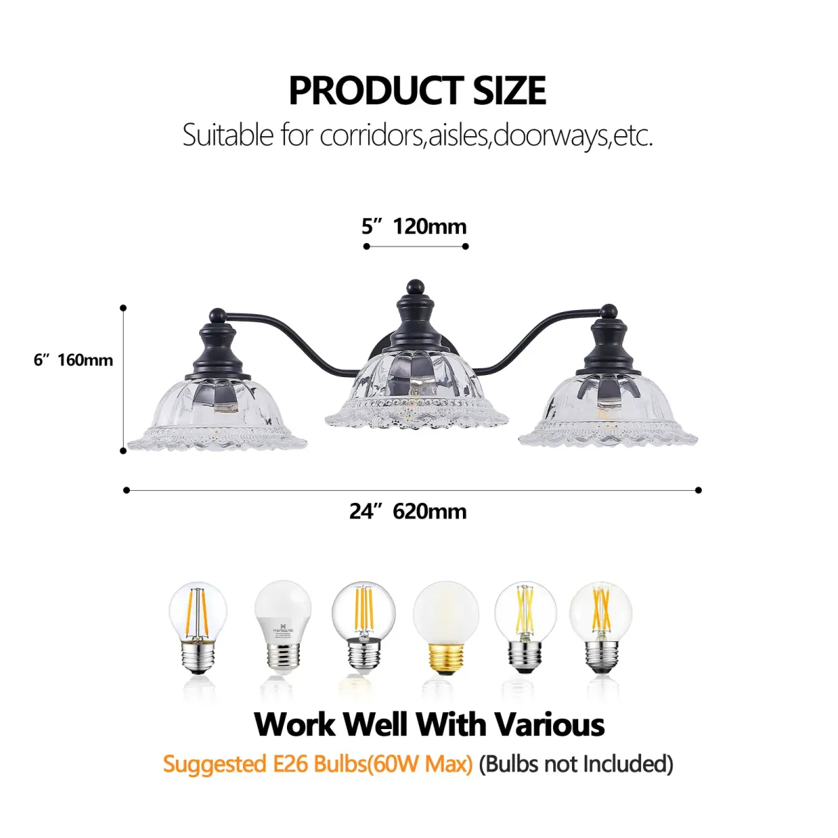 3-light vanity light, black, dimension drawing 2