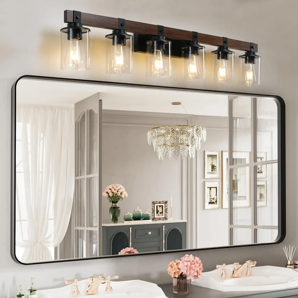 Wood vanity bar, 6 lights, walnut