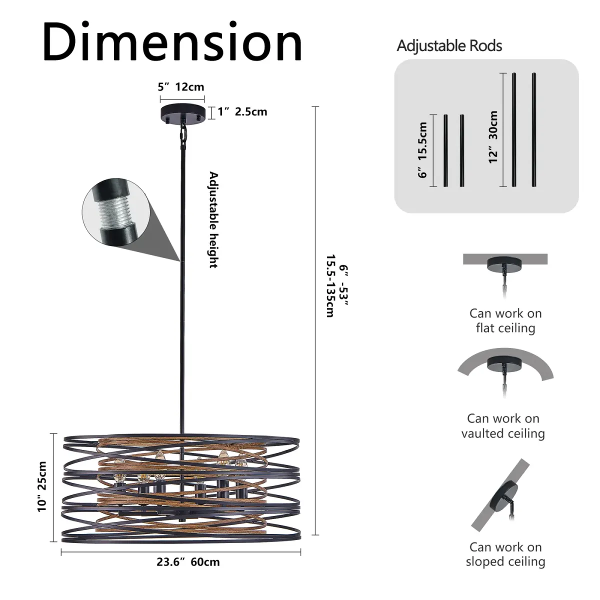 6-light wood cage chandelier, walnut, dimension drawing 1
