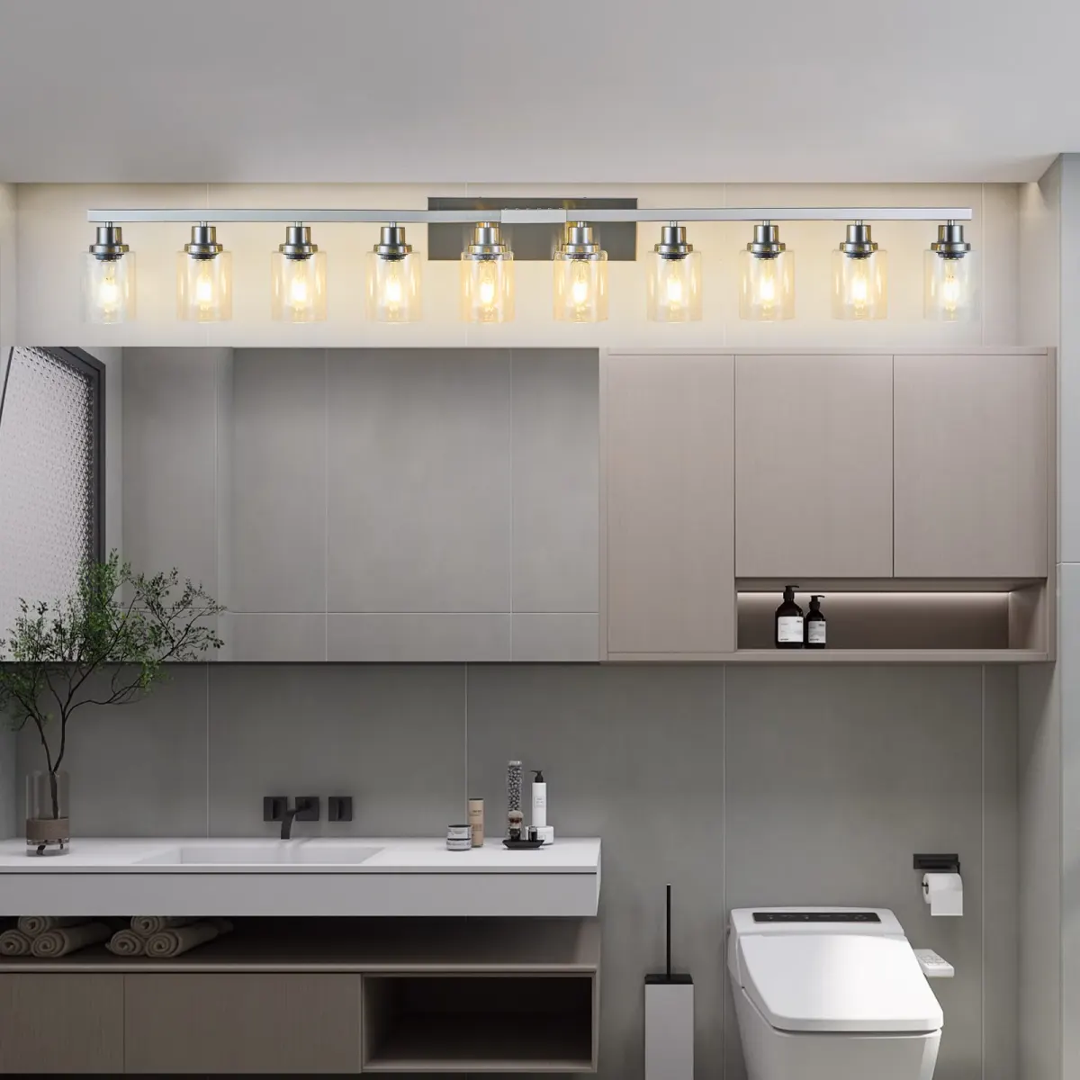 Clear glass vanity bar, 10 lights, chrome, view 4