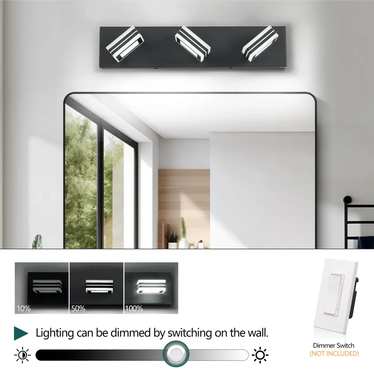 Square acrylic vanity bar, 3 lights, black, manufacturer image 1
