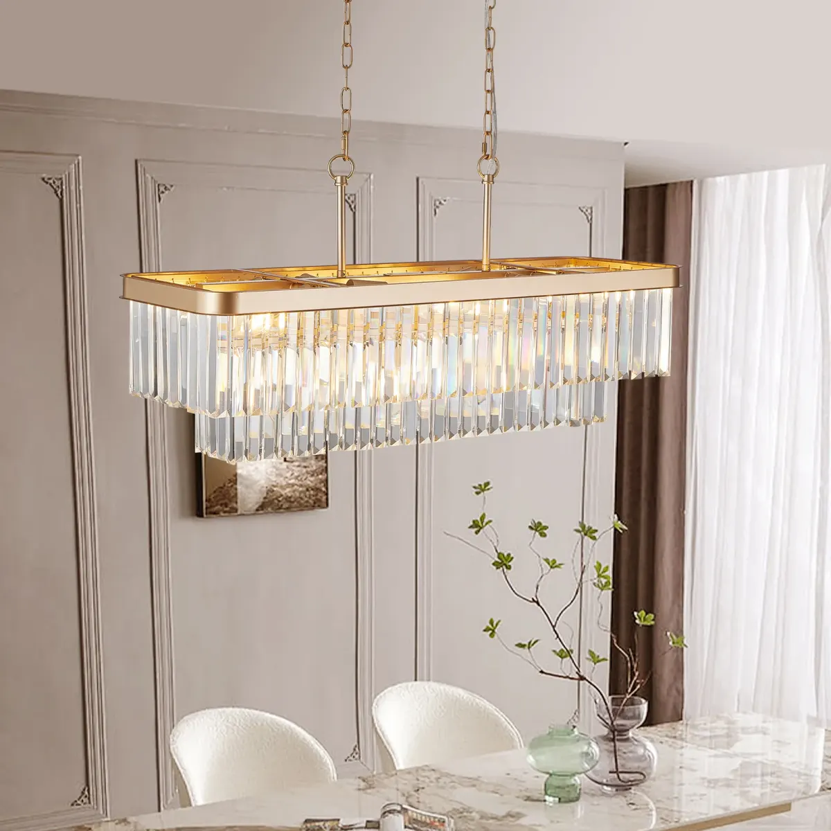 Crystal rectangle chandelier, 33.5 in, 33.5 in, gold, view 4