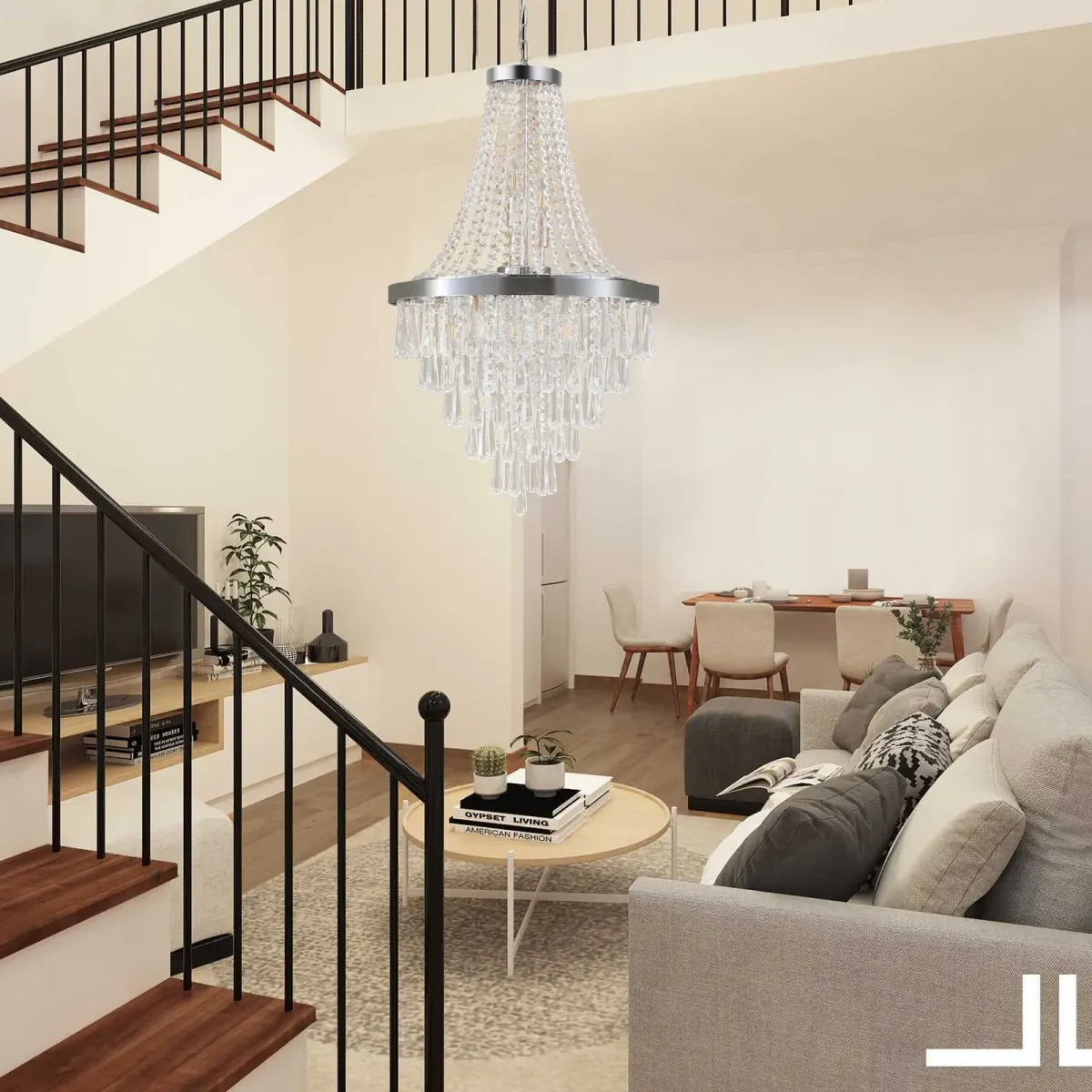 Crystal tiered chandelier, 11 lights, 11 lights, chrome, view 3