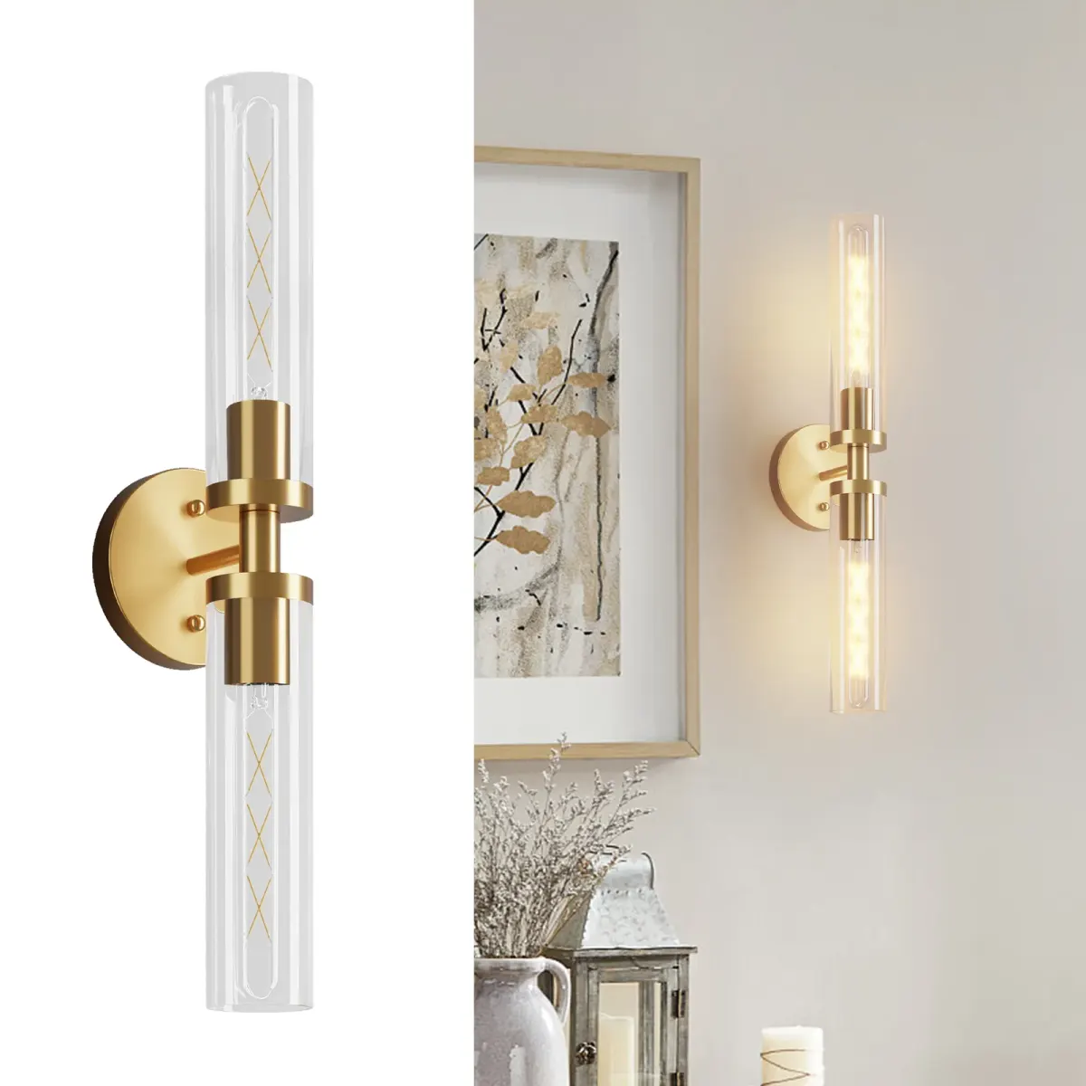 Clear glass wall sconce, 21.7 in, gold, view 6