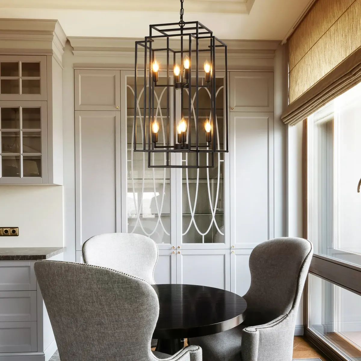 Geometric pendant chandelier, 8 lights, black, view 5