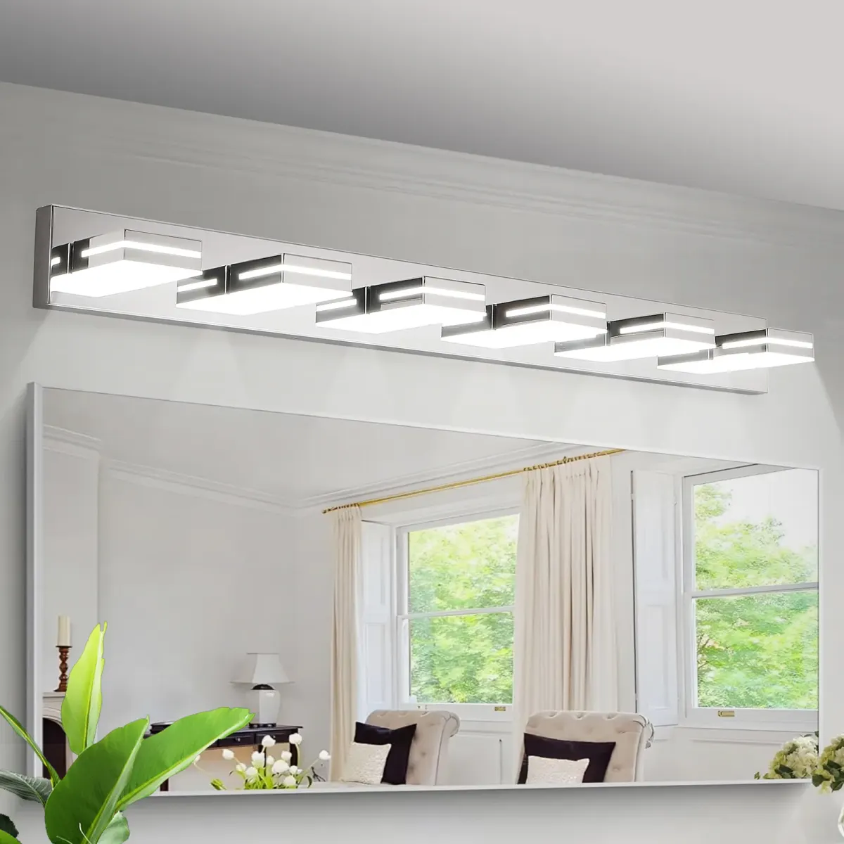 Minimalist LED vanity bar, 6 lights, chrome