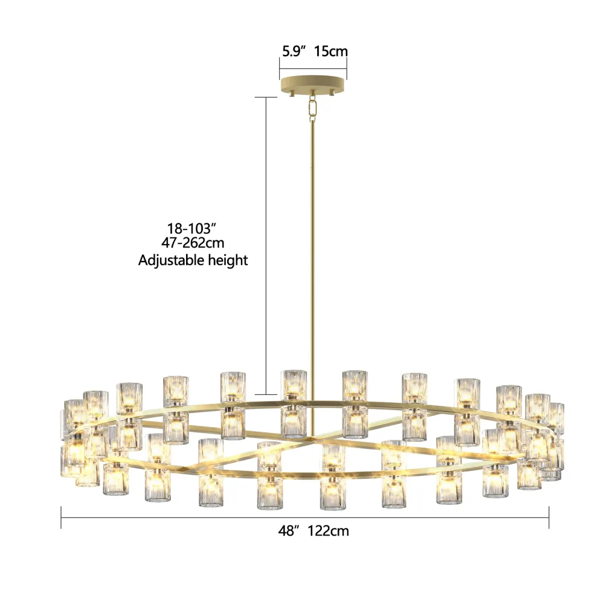 48-light crystal wagon wheel chandelier, gold, dimension drawing 2