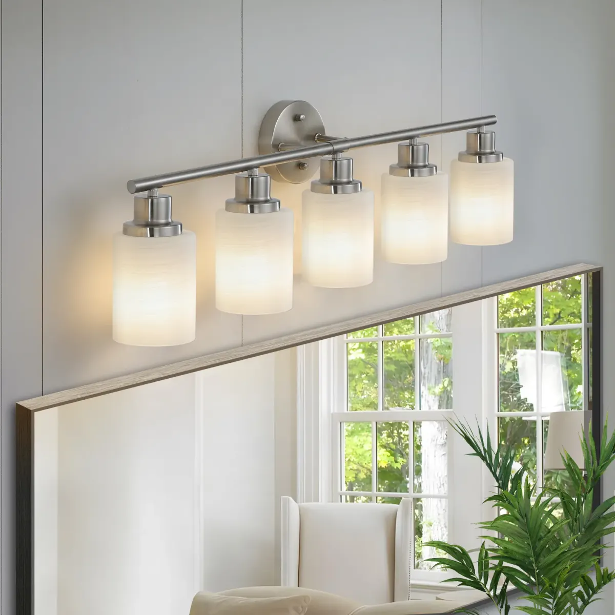 Frosted glass vanity sconce, 5 lights, chrome, view 2