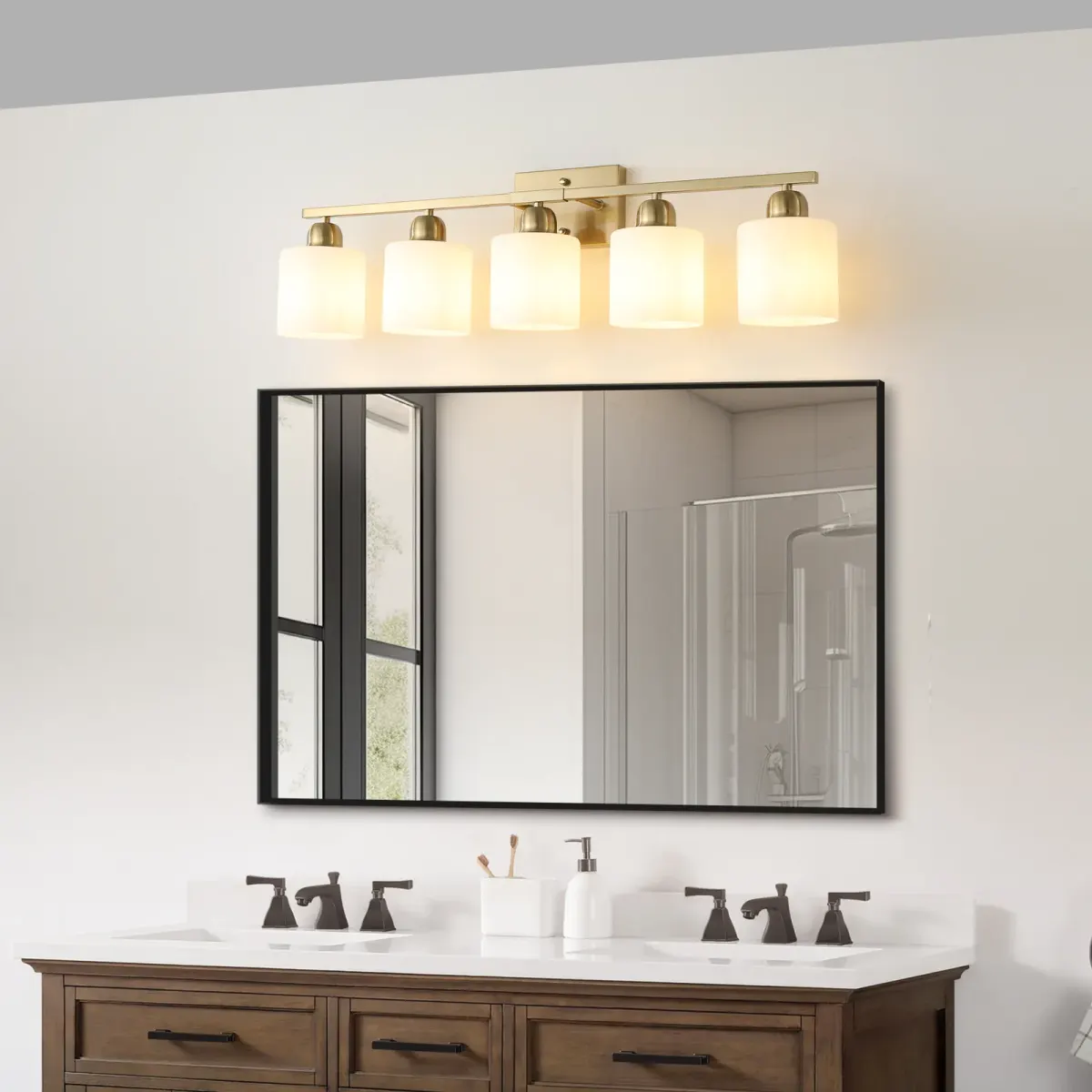 Frosted glass vanity bar, 5 lights, copper tone, view 4