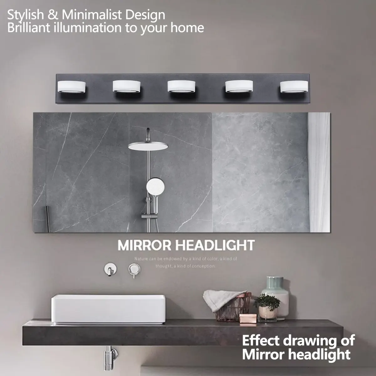 Acrylic shade vanity bar, 5 lights, black, manufacturer image 1