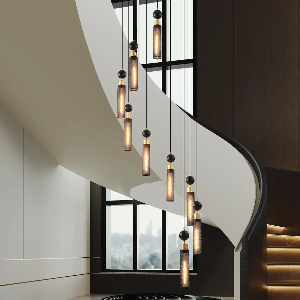 9-light cylinder chandelier, black, view 2