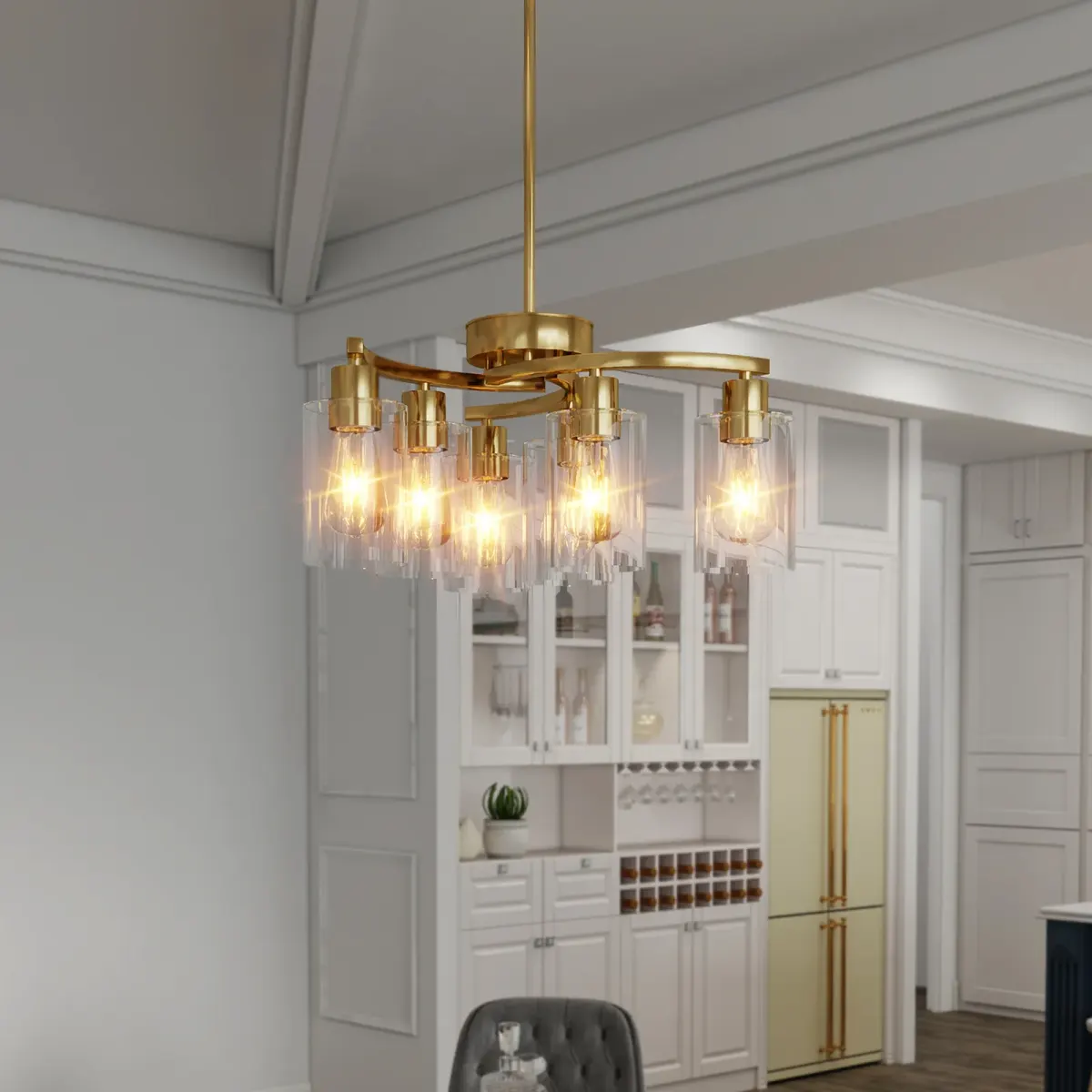 6-light clear glass chandelier, gold, view 2