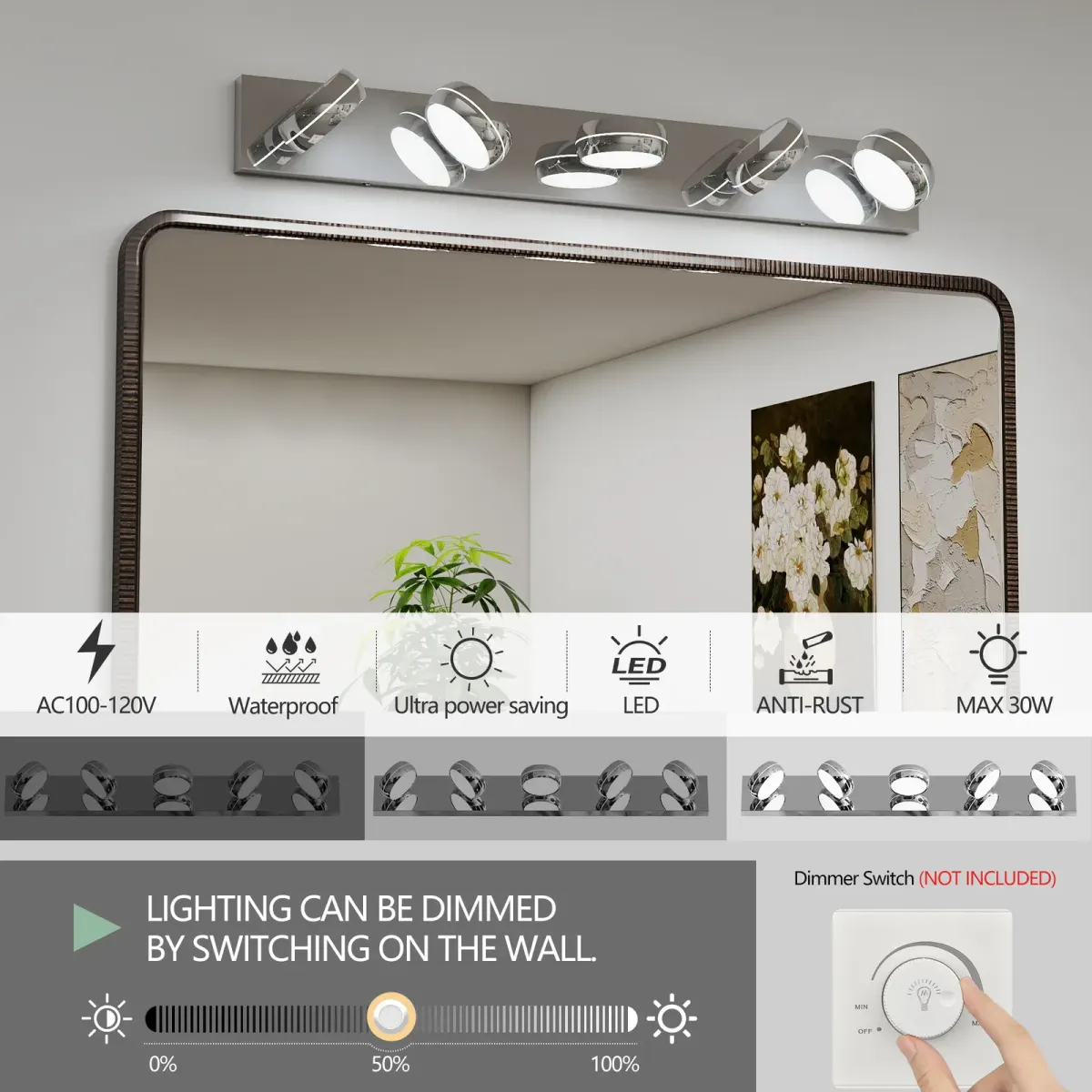 Swivel-head LED vanity light, 5 lights, chrome, manufacturer image 3